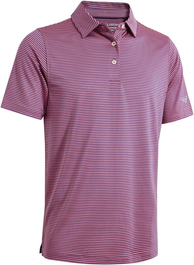Men's striped short sleeve performance polo with moisture-wicking properties