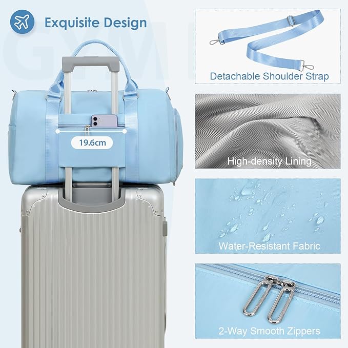 FIORETTO Womens Gym Tote Duffle Bag with Toiletry Bag, Sports Duffel Overnight Hospital Workout Carry on Bag for Girls with Wet Pocket & Shoe Compartment, Ideal for Travel, Swimming, Dance Light Blue