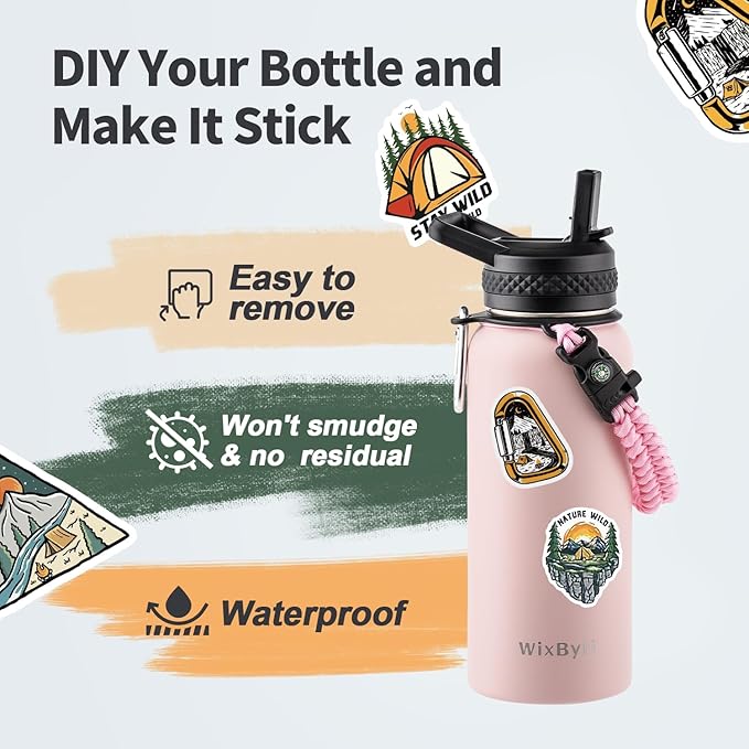 32 oz Insulated Water Bottle with Straw (Cold for 48 Hrs), Stainless Steel Triple Wall Vacuum Sports Water Jug, Leakproof Hydro Cup Flask with Paracord Handle & Straw Spout Lids & DIY Stickers