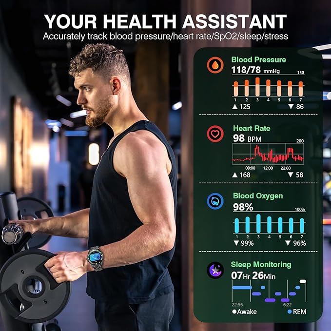 2025 DA GPT Smart Watch for Men with Bluetooth Call, Heart Rate, Blood Pressure, SpO2, Sleep Monitor, 107 Sports Modes, Waterproof Round Watch, 1.19-inch AMOLED Display, Compatible Android and iOS