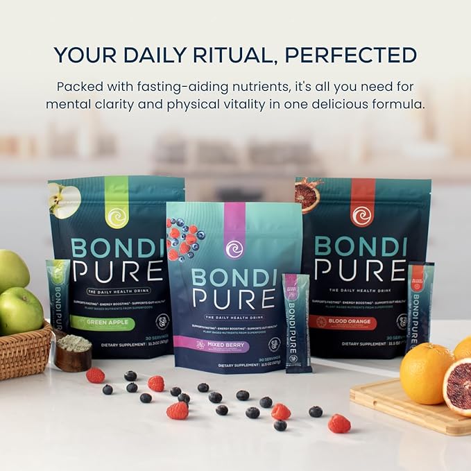 Bondi Pure - Daily Health & Detox Drink - Promote Gut Health & Energy Support During a Cleanse or Intermittent Fasting - Plant-Based Fibers, Alkalizing Super Greens - Green Apple (2-Pack)