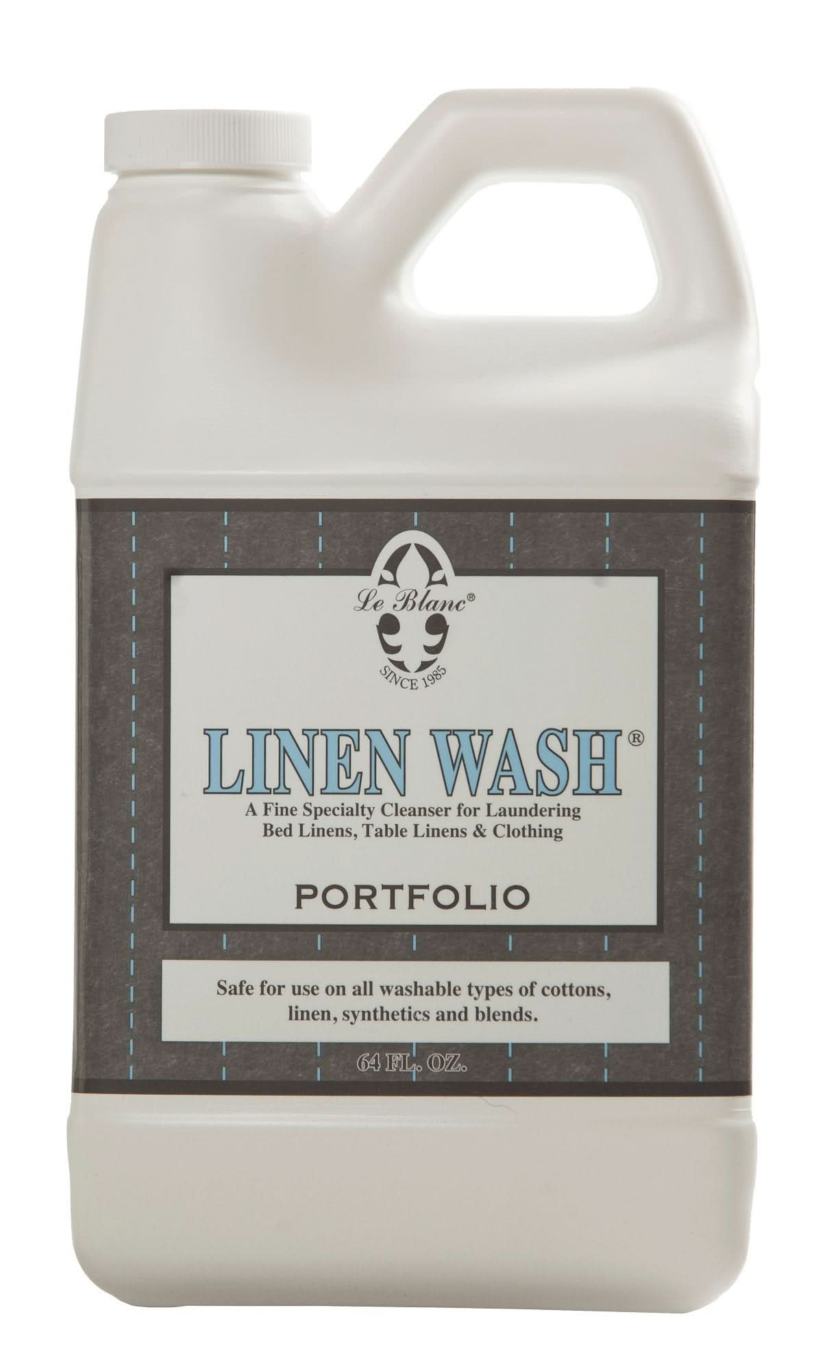 64 oz bottle of Portfolio Linen Wash in white packaging for bed and table linens