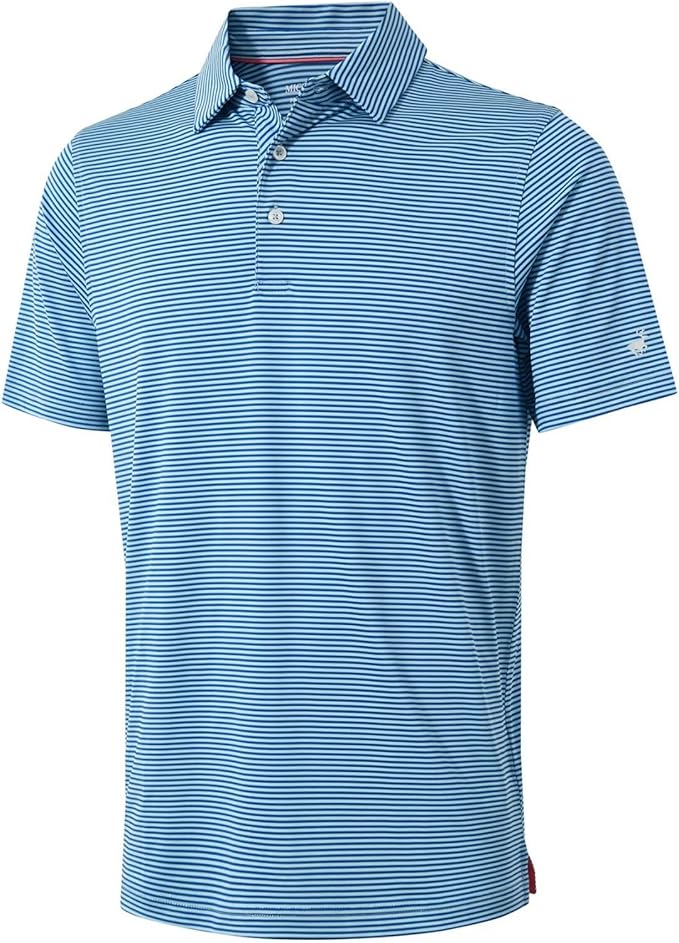 Men's striped moisture-wicking golf polo shirt with a button closure and no-curl collar