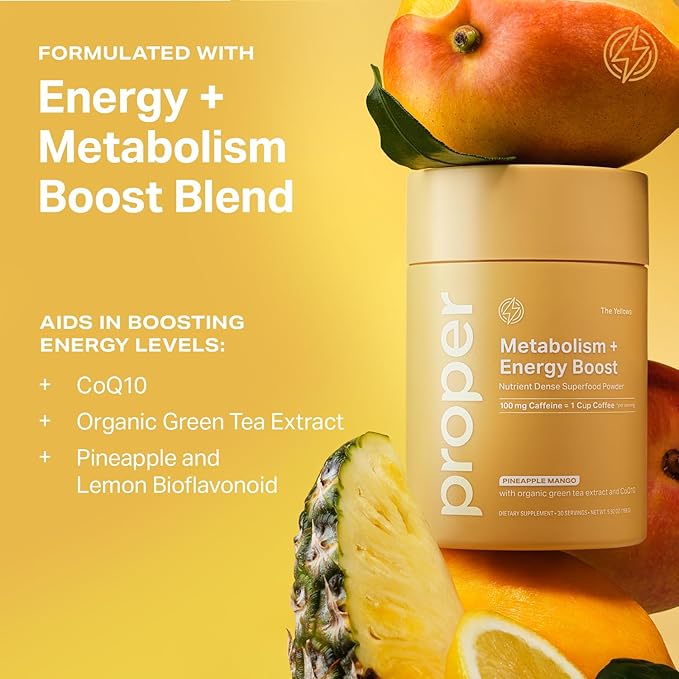 Proper, The Yellows Metabolism and Energy Boost, Sugar Free Energy Drink Powder with 100mg Caffeine. No Creatine or Beta-Alanine. 30 Servings, Pineapple Mango Drink Mix for Men and Women