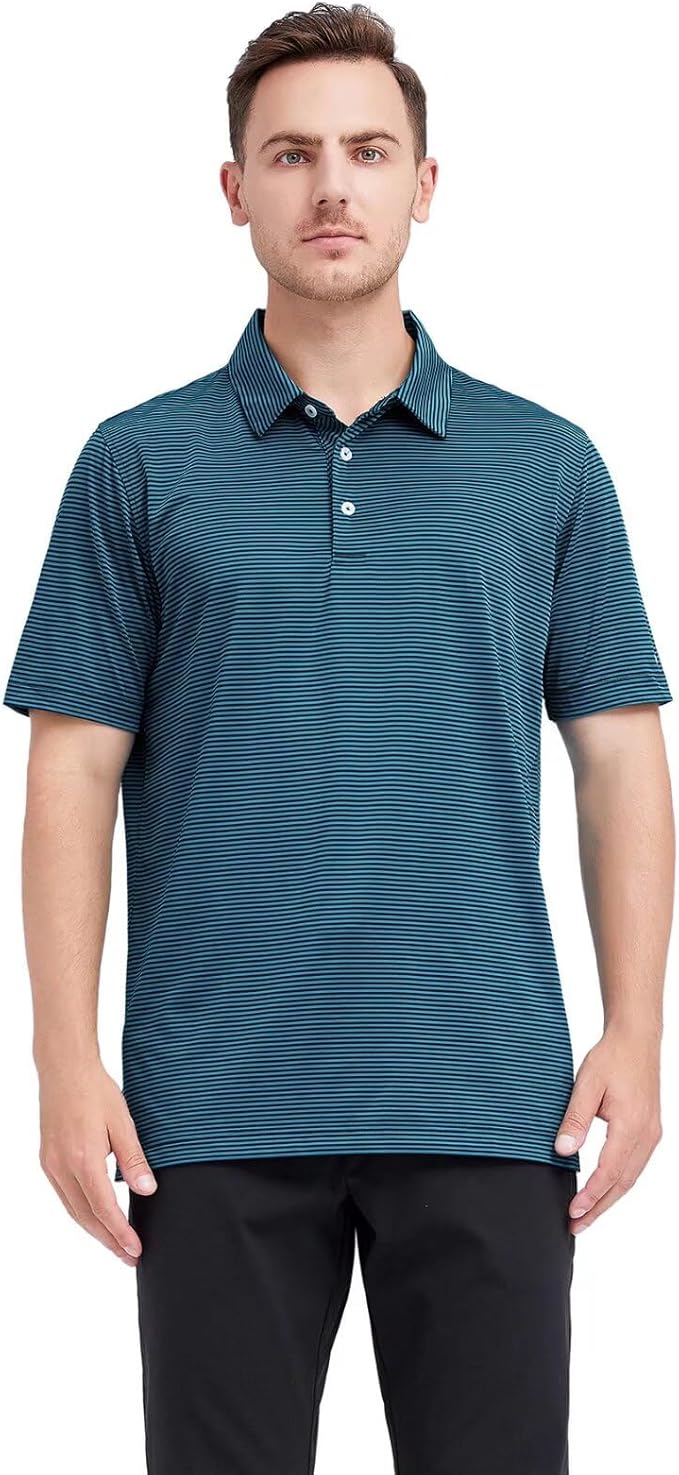 Men's Striped Performance Golf Polo Shirt - Quick Dry Moisture Wicking