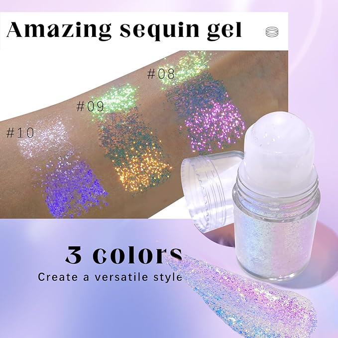 Roll-on Holographic Body Glitter Gel for Face Hair, Chameleon Color Changing Glitter Gel Under Light, Chunky Mermaid Sequins Festival Party Rave Accessories Shimmer Makeup (10# Neon Violet)
