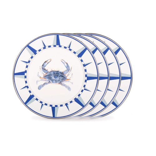 Set of four 10.5-inch enamelware dinner plates with stainless steel trim
