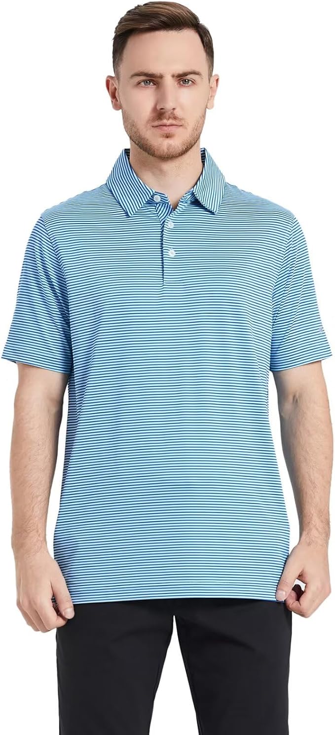Men's Striped Moisture-Wicking Performance Golf Polo Shirt