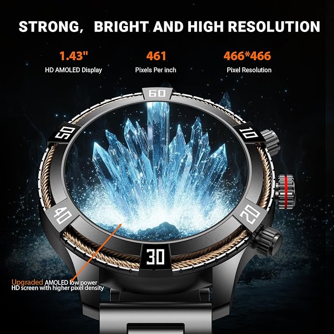 Smart Watch for Men Bluetooth Answer/Make Call, 1.43" AMOLED Display Luxury Smartwatch, Fitness Tracker with 100+ Sport Modes, Heart Rate/Sleep Monitor for iOS Android, 2 Watch Bands (Black)