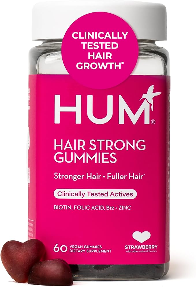 HUM Hair Strong - Daily Gummies with Biotin to Improve Hair Growth - Fo Ti, Folic Acid, Zinc, Vitamin B12 & PABA to Support Healthy Hair, Skin and Nails for Women and Men (60-Count)