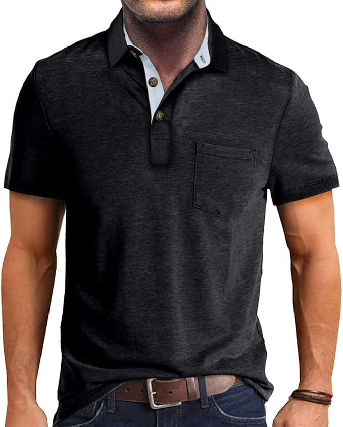 A stylish men's short sleeve cotton polo shirt with a classic lapel collar and button detailing in a solid color.