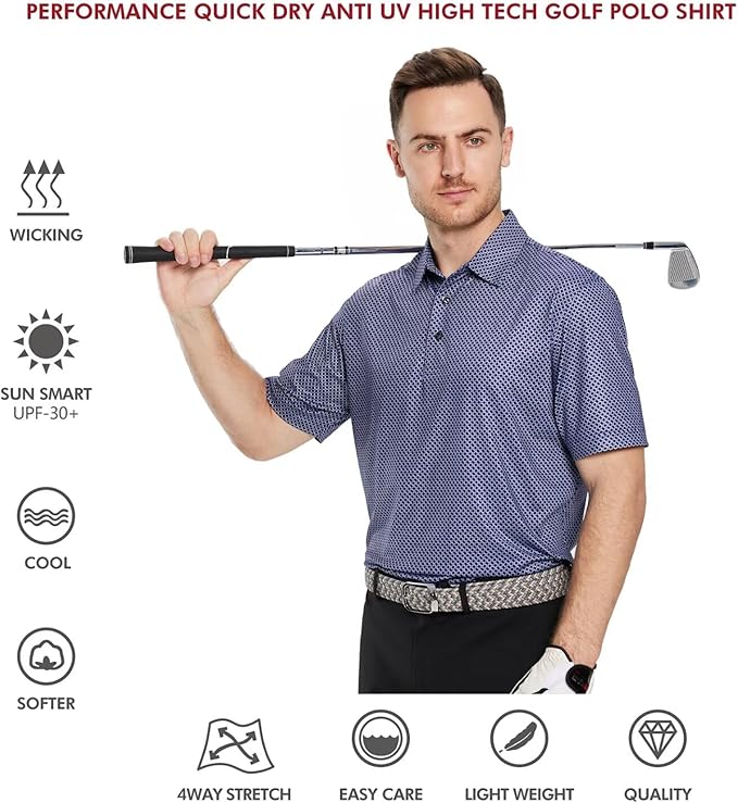 Men's Striped Performance Golf Polo Shirt Moisture Wicking Dry Fit