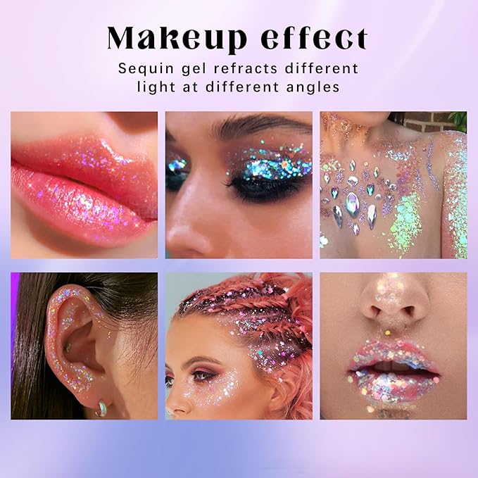 Roll-on Holographic Body Glitter Gel for Face Hair, Chameleon Color Changing Glitter Gel Under Light, Chunky Mermaid Sequins Festival Party Rave Accessories Shimmer Makeup (10# Neon Violet)