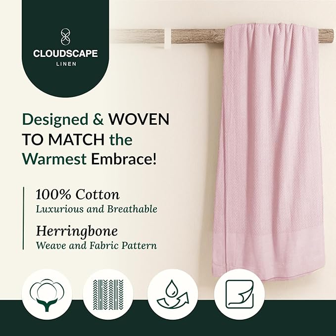Cloud Scape Linen 100% Cotton Queen Size Blanket, Herringbone Pattern, Lightweight Summer Blanket,Best Gifts for Women, fits Full Size Bed, 92 x 92, Seashell Pink