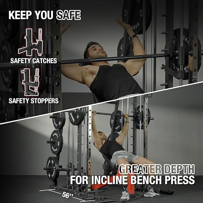 Mikolo Smith Machine, 2200lbs Squat Rack with LAT-Pull Down System & Cable Crossover Machine, Training Equipment with Leg Hold-Down Attachment