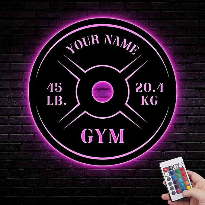 Personalized Home Gym LED Tin Metal Sign Multiple Sizes, Weight Lifting Exercise Workout Room Training Fitness Center Motivational Inspirational Quotes Decor Wall Art Hanging Accessories (06 LED)