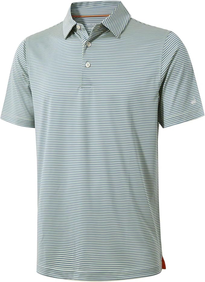 Men's striped moisture-wicking golf polo shirt with a button closure and no-curl collar