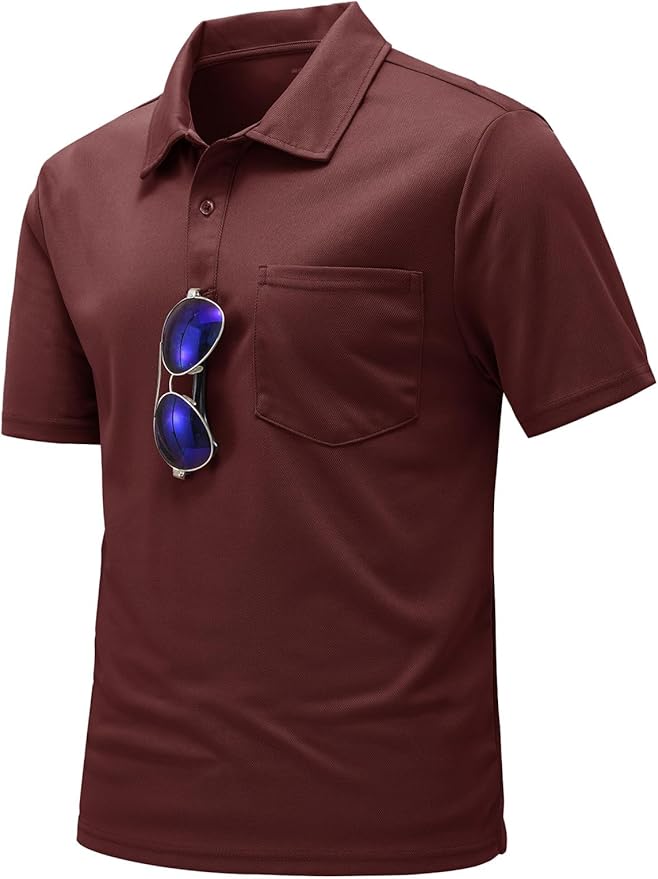 Men's short sleeve quick dry polo shirt with chest pocket and 2-button placket in a classic athletic style.