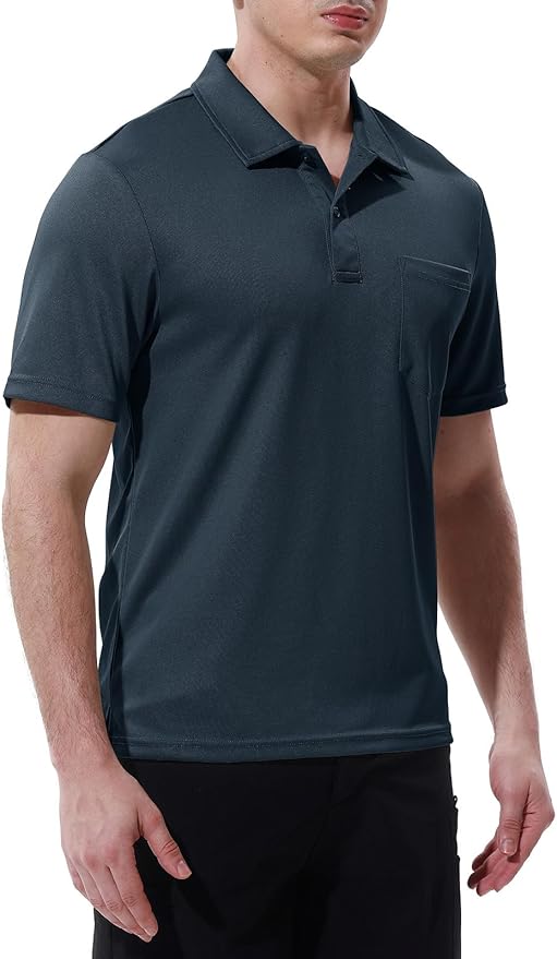 Men's Short Sleeve Quick Dry Polo Shirt with Chest Pocket for Golf
