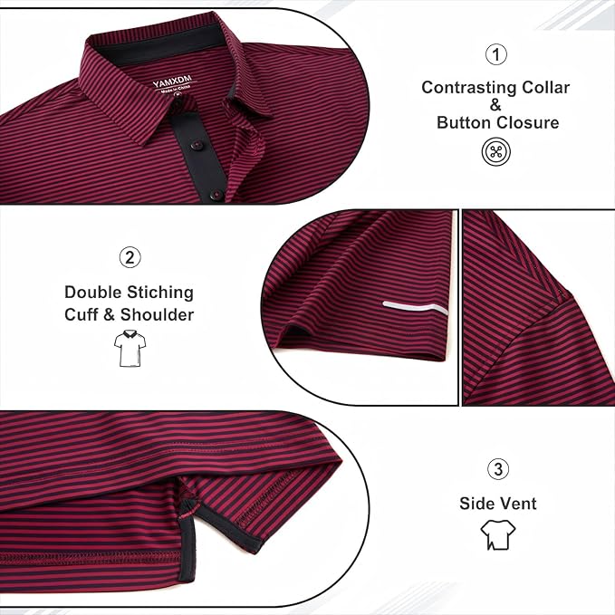 Men's Striped Golf Polo Shirt - Moisture Wicking Performance Sport