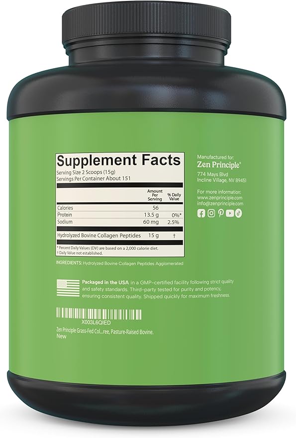 Zen Principle Grass-Fed Agglomerated Collagen Peptides 5 lb. Anti-Aging Hydrolyzed Protein Powder for Healthy Hair, Skin & Joints. Paleo and Keto Friendly, GMO and Gluten Free, Pasture-Raised Bovine.