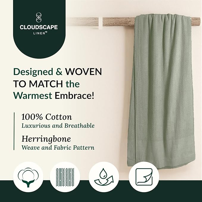 Cloud Scape Linen Herringbone Cotton Throw Blanket for Couch, Bed,Sofa, Home Decor, Soft, Lightweight, All-Season Bed Blanket, 50 x 70, Olive Green