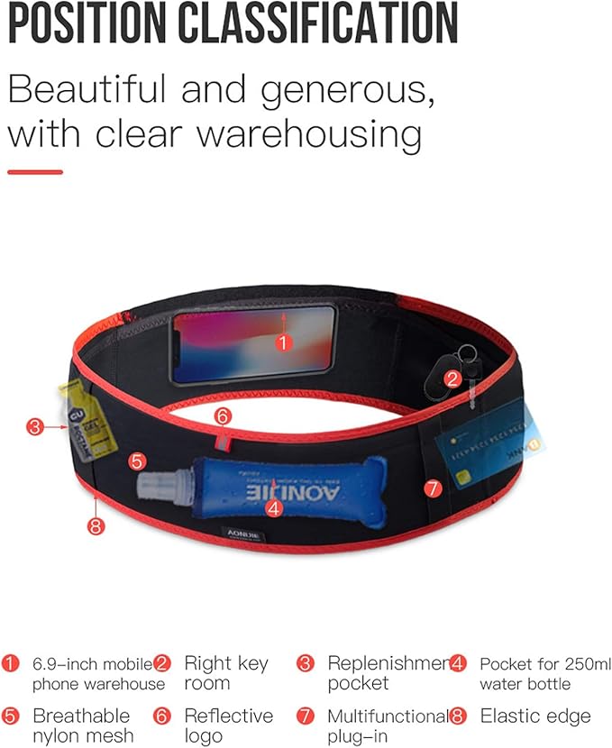 AONIJIE Hydration Belt Running Fanny Pack, with 250ml Soft Water Bottle Flask Phone Holder for Trailing Running Climbing Jogging Cycling Workout Fitness 3 Colors (Red, L/XL)