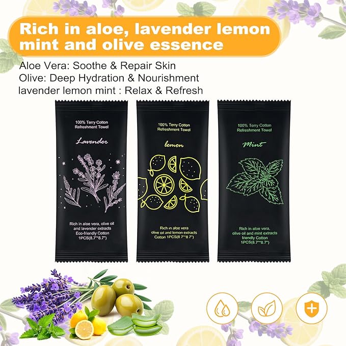 Moist Cotton Towel Bulk Moist Towelettes Individually Wrapped 8.7" x 8.7",White Towel Services,Refreshment Pre Moistened Towels Lavender, Lemon and Mint for Sport Party Spa （pack of 150)
