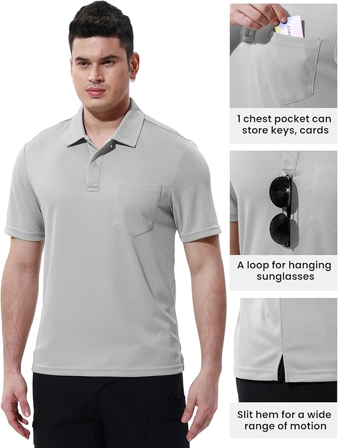 Men's Quick-Dry Golf Polo Shirt with Chest Pocket Short Sleeve