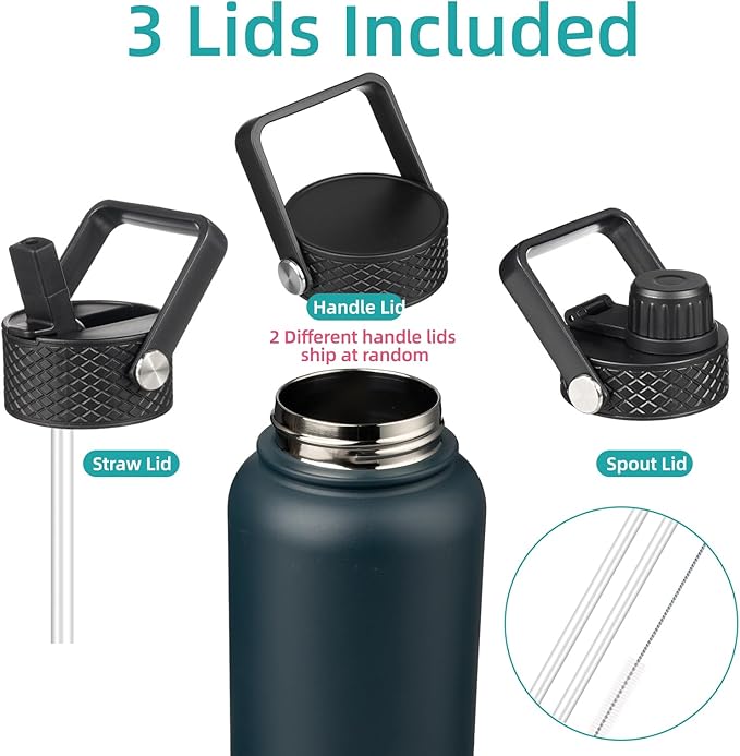 40oz Insulated Water Bottle Stainless Steel Sport Bottles with 3 Lids,Navy Blue