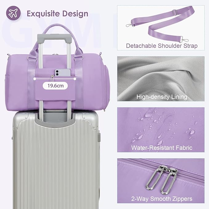FIORETTO Womens Gym Tote Duffle Bag with Toiletry Bag, Sports Duffel Overnight Hospital Workout Carry on Bag for Girls with Wet Pocket & Shoe Compartment, Ideal for Travel, Swimming, Dance Purple