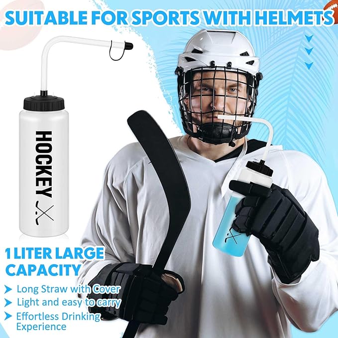 Domensi 4 Pack 1 Liter Sports Water Bottle W/Long Straw Hockey Lacrosse BPA Free Easy Squeeze Plastic Bottle Use W/Sport Helmet in Football Baseball Gym Yoga (Translucent,Novel)