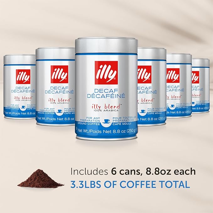 Illy Ground Espresso Coffee, Decaffeinated - Medium Roast - Mild & Balanced - 100% Arabica - Pressurized Packaging Sealed for Freshness - 8.8oz (Pack of 6)