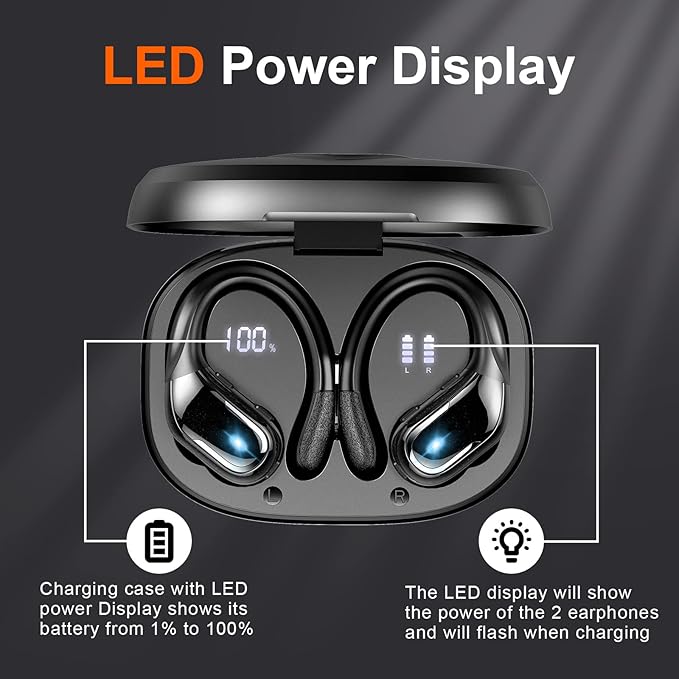 Ltinist Wireless Earbud, Bluetooth 5.3 Headphones Pure Bass Sound with Earhooks, 75H Battery Over Ear Headphones with Dual-LED Display, IP7 Waterproof Earphones Built-in Microphone for Running Sports