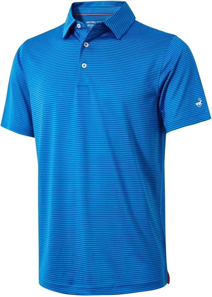 Men's striped moisture-wicking golf polo shirt with a button closure and no-curl collar