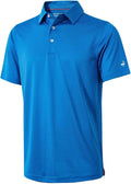 Men's striped moisture-wicking golf polo shirt with a button closure and no-curl collar