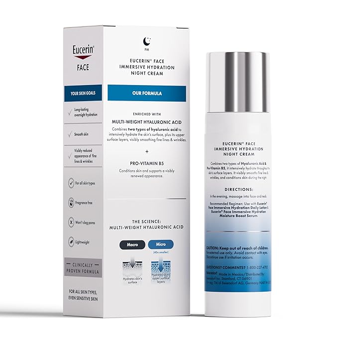 Eucerin Face Immersive Hydration Night Cream with Hyaluronic Acid and Provitamin B5, Ultra-Lightweight Face Moisturizer Smooths Fines Lines and Wrinkles, 2.5 Oz Bottle