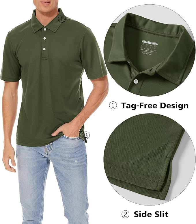 Men's Olive Green Performance Polo Shirt Quick Dry Short Sleeve