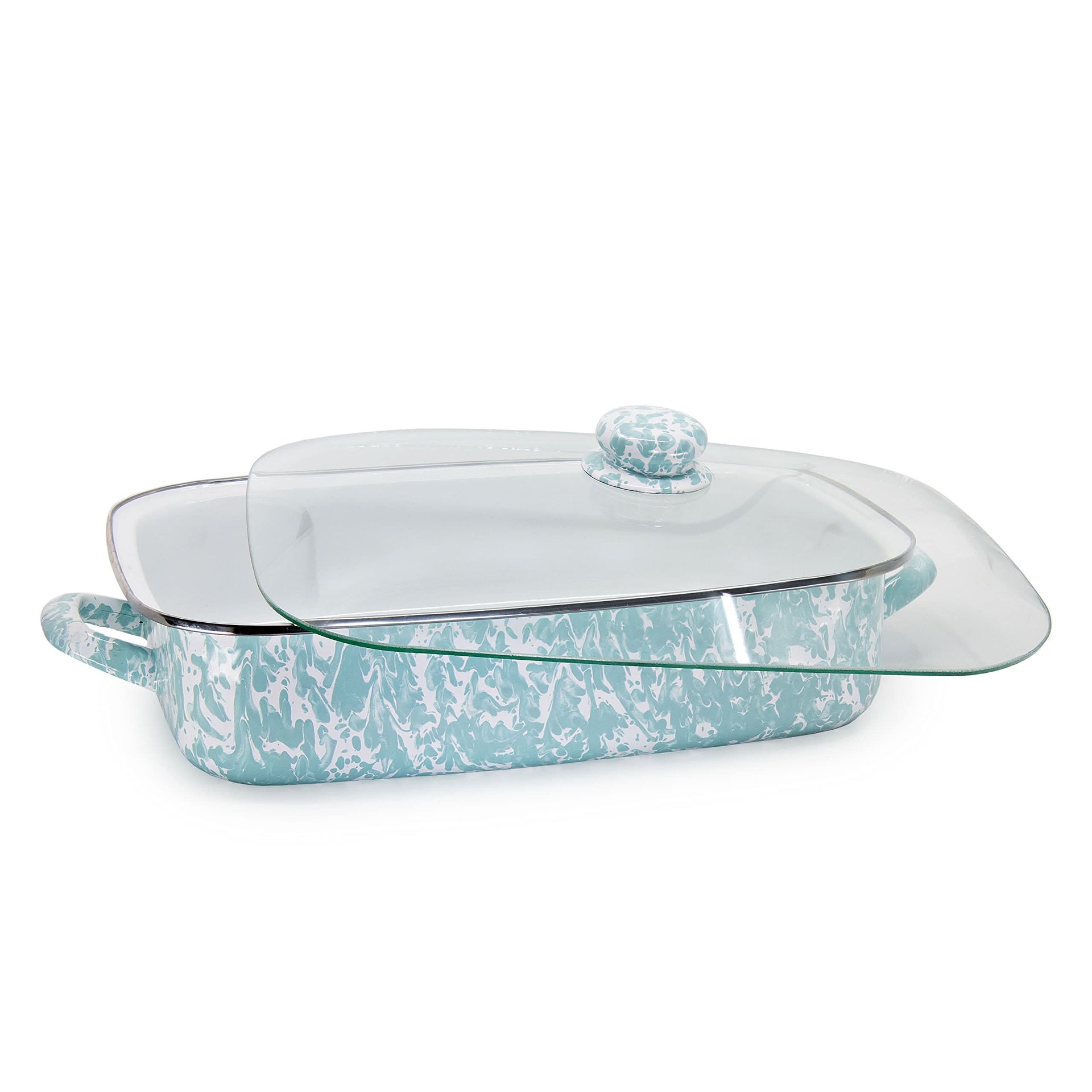 10.5qt Enamelware Roasting Pan with Tempered Glass Lid, Black Swirl