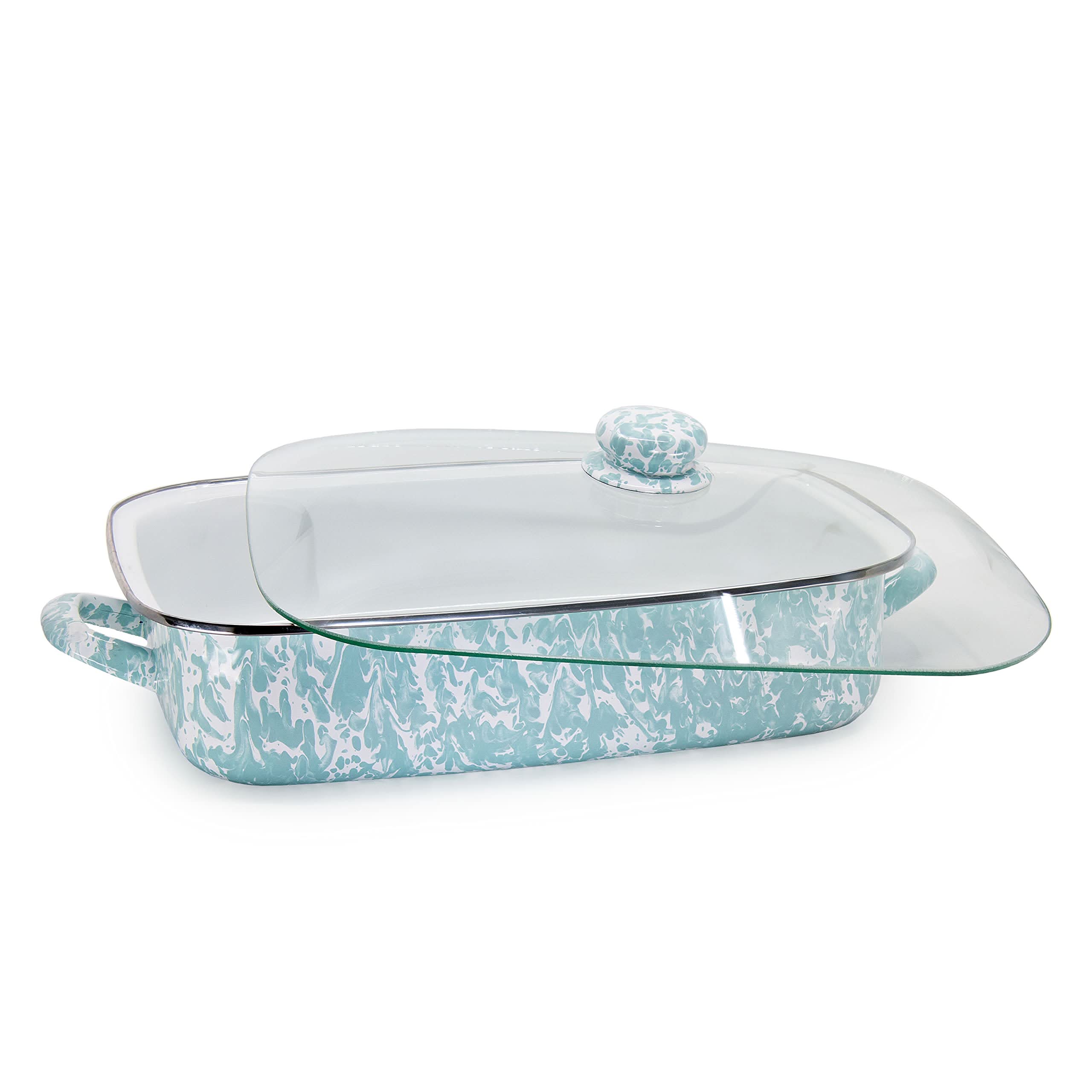 10.5qt Enamelware Roasting Pan with Tempered Glass Lid, Black Swirl