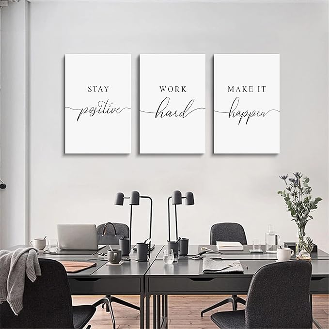 Framed Canvas Wall Art Work Quote, Office Wall Art Decor, Stay positive work hard make it happen, gift for father, boss gift, Inspirational Prints, Motivaional Wall Art (G-3pcs,16x24inchx3pcs)