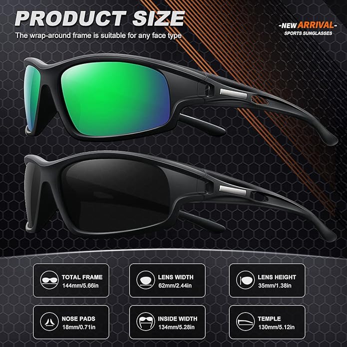 Polarized Sports Sunglasses for Men 100% UV Protection Wrap Around Unbreakable Sun Glasses for Fishing Driving