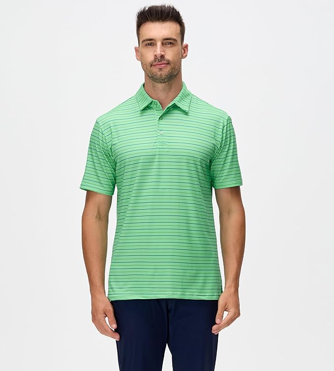 Men's Striped Performance Golf Polo Shirt Quick-Dry UV Protection