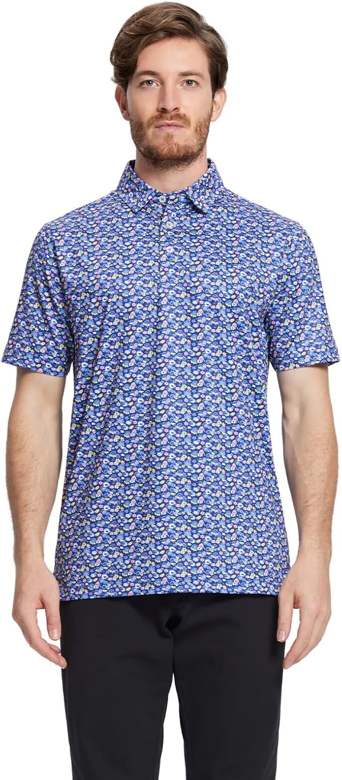 Men's Performance Striped Golf Polo Short Sleeve Moisture Wicking