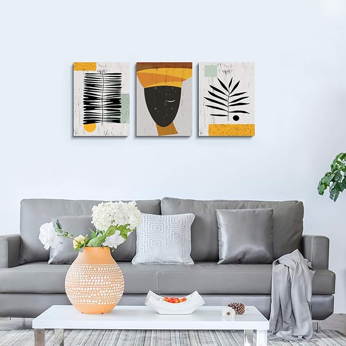 Framed Canvas Wall Art African Ethno Motive Wall Art Set, Abstract Ethno Art, African American Woman Portrait, Black Orange Print, Contemporary Collage, Minimalist (A-3pcs,12x16inchx3pcs)