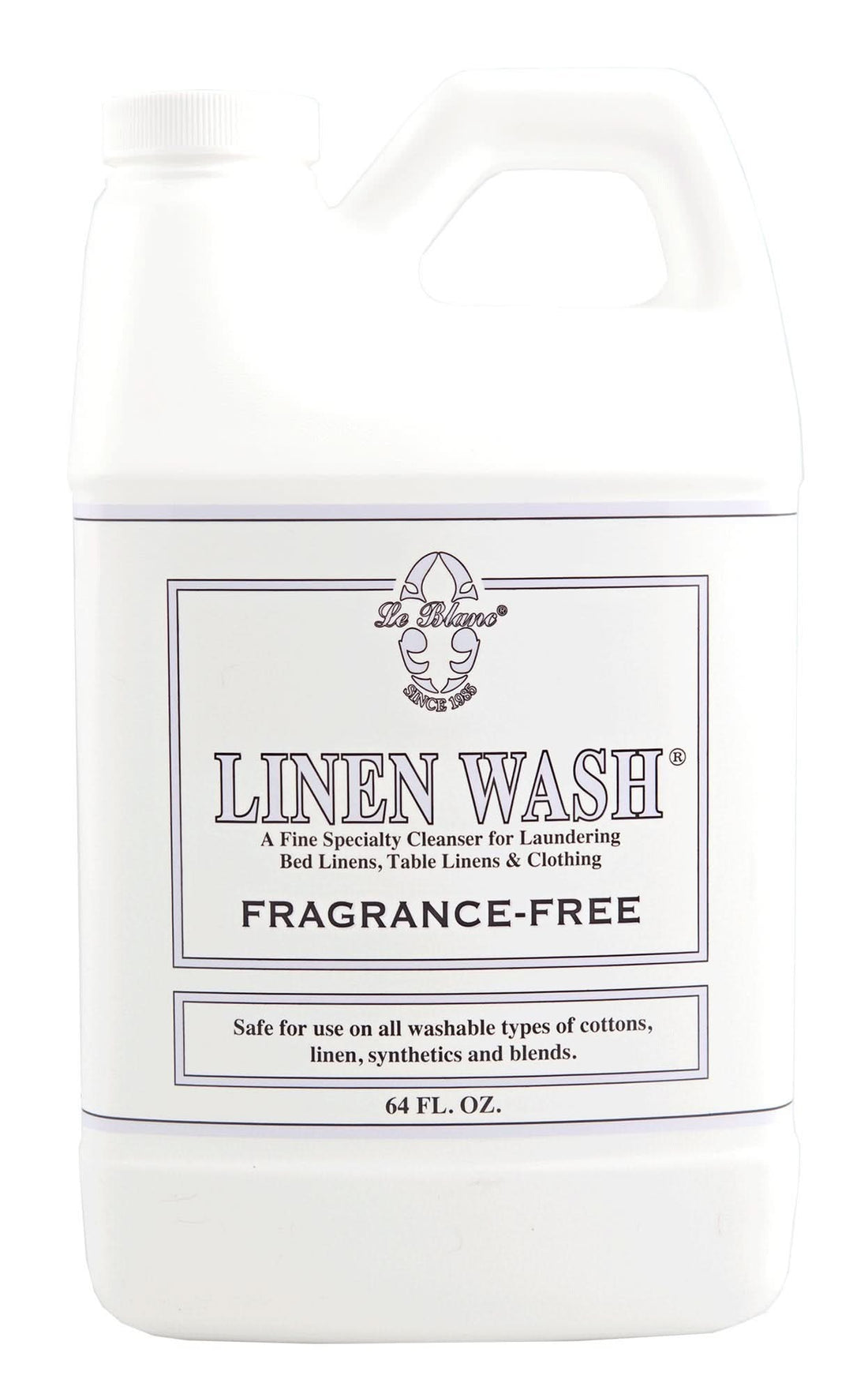 A 64 oz bottle of Le Blanc fragrance-free linen wash in minimalist white and purple packaging.