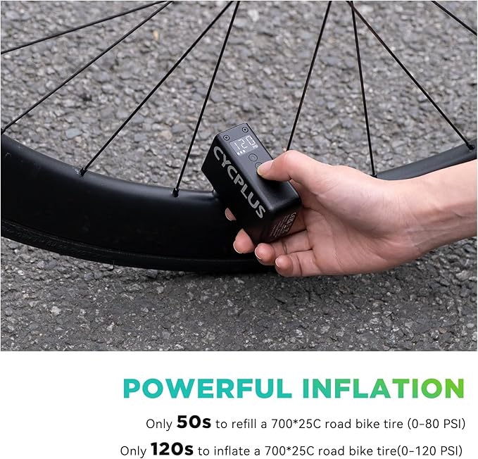 CYCPLUS AS2 PRO Tiny Bicycle Pump with Gauge, Max 120 PSI Electric Mini Pump, Auto Stop, with Presta and Schrader Valve for E-Bike, MTB, and Road Bike (2025 Updated Version)