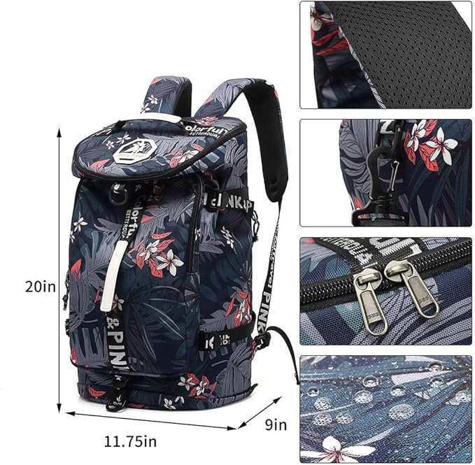 Kalesi Floral Gym Duffle Bag Backpack 4 ways for Women Waterproof with Shoes Compartment for travel Sport Hiking laptop Lightweight