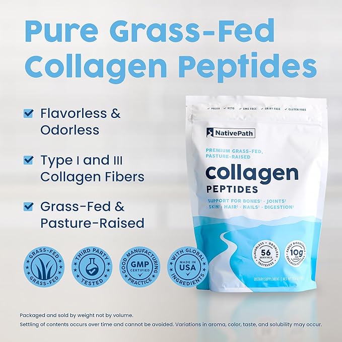 NativePath Collagen Peptides Protein - Hydrolyzed Type 1 & 3 Collagen Powder for Skin, Hair, Nails - 19.8 oz (56 Servings)