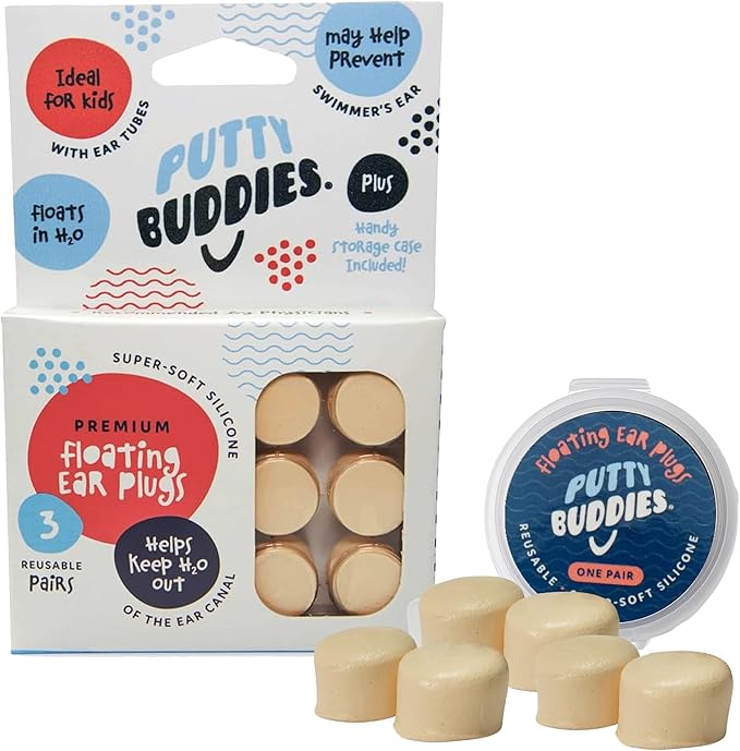 Earvolution Floating Putty Buddies Ear Plugs for Swimming - Invented by an Ear Physician - Moldable, Premium, Silicone - Floats on Water - Waterproof - Made in The USA- 3 Pack - Tan